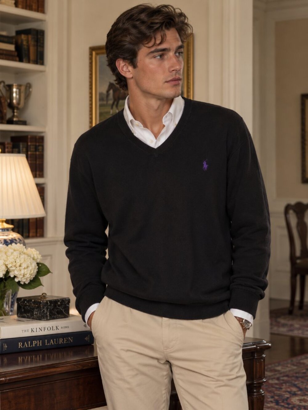 POLO RALPH LAUREN Mens Black V-Neck Sweater Pima Cotton Old Money Academia M